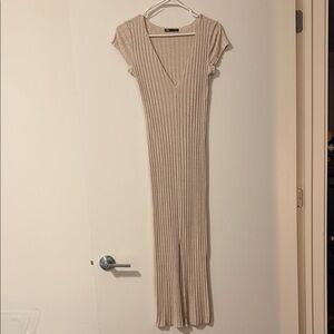 Zara Ribbed Midi Dress in Beige